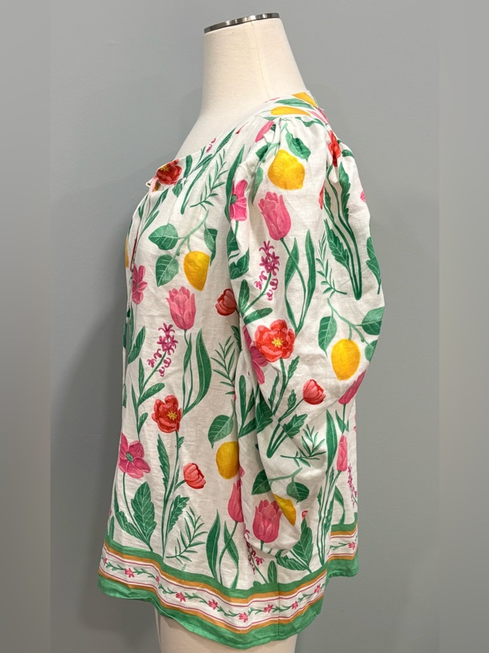 Rachel Zoe Linen Blend Pink Red and Yellow Lemons 3/4 Sleeve Tie Front Blouse XL - Picture 4 of 11